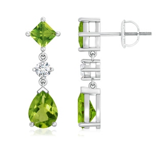 8x6mm AAAA Square and Pear Peridot Drop Earrings with Diamond in P950 Platinum