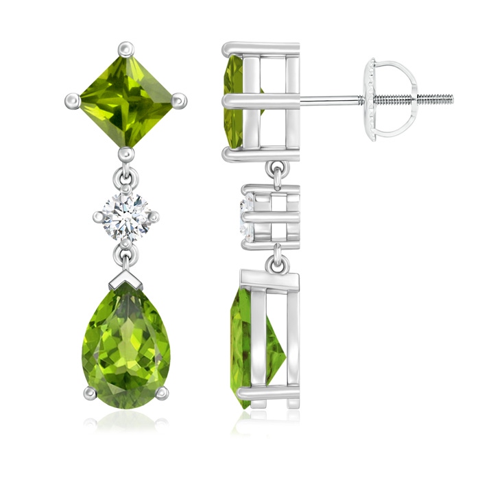 9x6mm AAA Square and Pear Peridot Drop Earrings with Diamond in White Gold