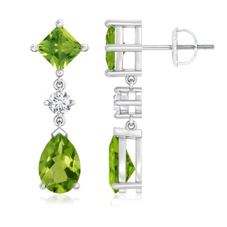 9x6mm AAAA Square and Pear Peridot Drop Earrings with Diamond in P950 Platinum