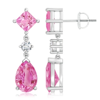10x7mm AA Square and Pear Pink Sapphire Drop Earrings with Diamond in P950 Platinum