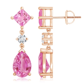 10x7mm AA Square and Pear Pink Sapphire Drop Earrings with Diamond in Rose Gold