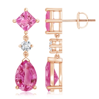 10x7mm AAA Square and Pear Pink Sapphire Drop Earrings with Diamond in Rose Gold