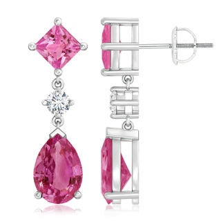 10x7mm AAAA Square and Pear Pink Sapphire Drop Earrings with Diamond in P950 Platinum