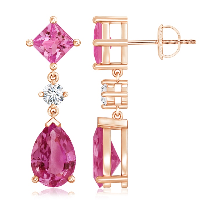 10x7mm AAAA Square and Pear Pink Sapphire Drop Earrings with Diamond in Rose Gold