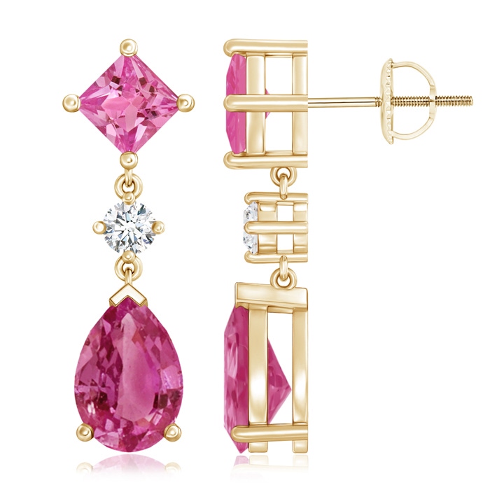 10x7mm AAAA Square and Pear Pink Sapphire Drop Earrings with Diamond in Yellow Gold