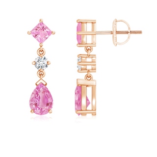 7x5mm A Square and Pear Pink Sapphire Drop Earrings with Diamond in Rose Gold