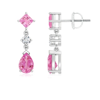 7x5mm AA Square and Pear Pink Sapphire Drop Earrings with Diamond in P950 Platinum
