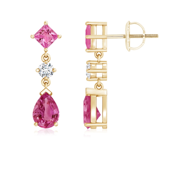 7x5mm AAAA Square and Pear Pink Sapphire Drop Earrings with Diamond in 9K Yellow Gold
