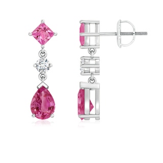 7x5mm AAAA Square and Pear Pink Sapphire Drop Earrings with Diamond in P950 Platinum
