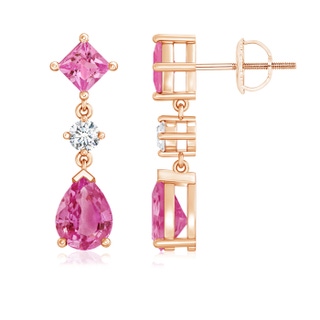 8x6mm AAA Square and Pear Pink Sapphire Drop Earrings with Diamond in Rose Gold