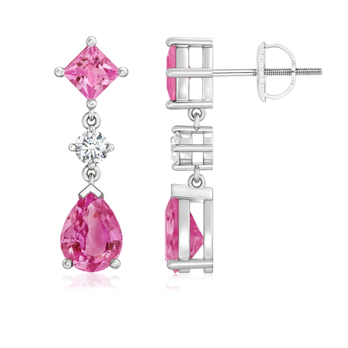 8x6mm AAA Square and Pear Pink Sapphire Drop Earrings with Diamond in White Gold