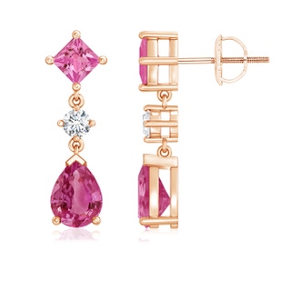 8x6mm AAAA Square and Pear Pink Sapphire Drop Earrings with Diamond in 9K Rose Gold