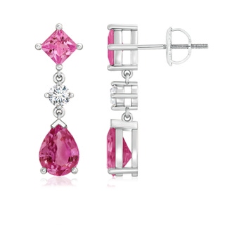 8x6mm AAAA Square and Pear Pink Sapphire Drop Earrings with Diamond in P950 Platinum