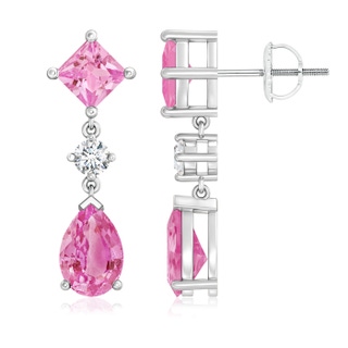 9x6mm AA Square and Pear Pink Sapphire Drop Earrings with Diamond in P950 Platinum