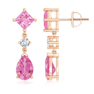 9x6mm AA Square and Pear Pink Sapphire Drop Earrings with Diamond in Rose Gold