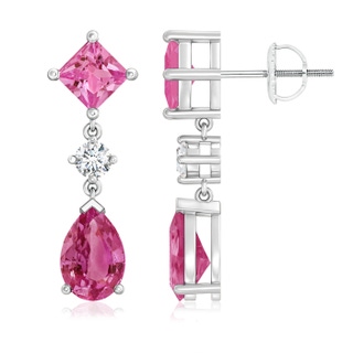 9x6mm AAAA Square and Pear Pink Sapphire Drop Earrings with Diamond in P950 Platinum