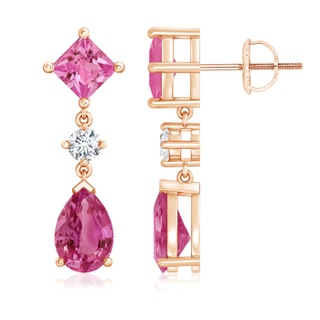 9x6mm AAAA Square and Pear Pink Sapphire Drop Earrings with Diamond in Rose Gold