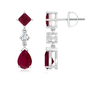 7x5mm A Square and Pear Ruby Drop Earrings with Diamond in P950 Platinum