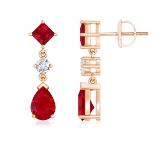 7x5mm AAA Square and Pear Ruby Drop Earrings with Diamond in Rose Gold