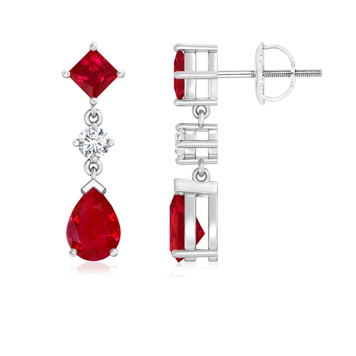 7x5mm AAA Square and Pear Ruby Drop Earrings with Diamond in White Gold 