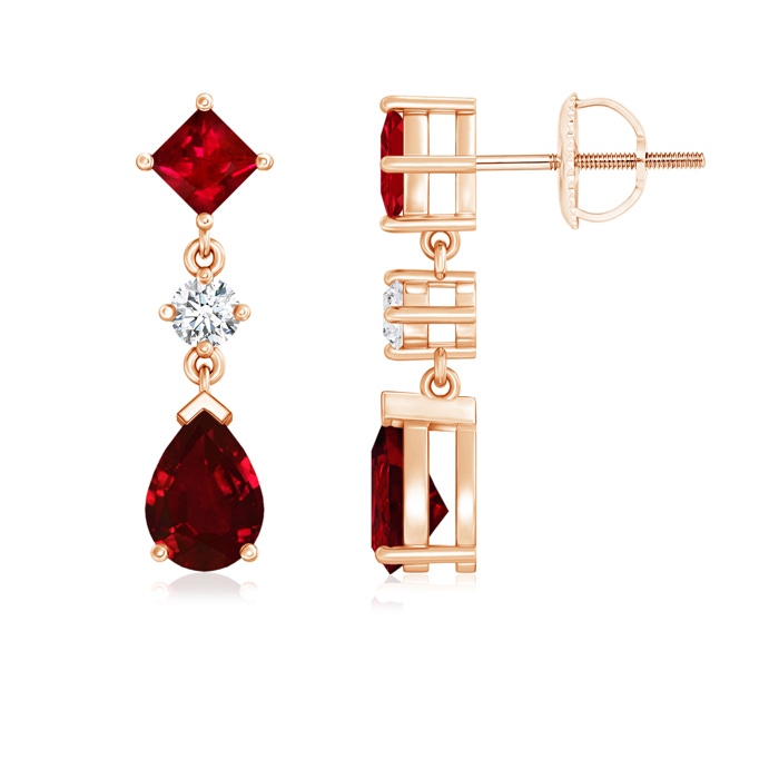 7x5mm AAAA Square and Pear Ruby Drop Earrings with Diamond in Rose Gold
