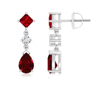 7x5mm AAAA Square and Pear Ruby Drop Earrings with Diamond in White Gold