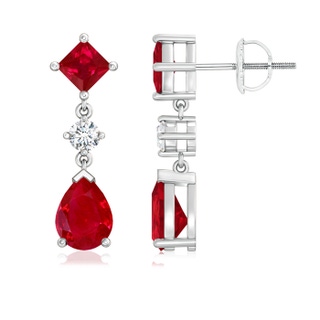 8x6mm AAA Square and Pear Ruby Drop Earrings with Diamond in P950 Platinum