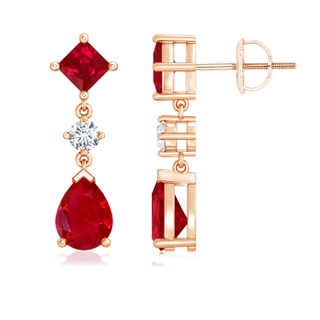 8x6mm AAA Square and Pear Ruby Drop Earrings with Diamond in Rose Gold