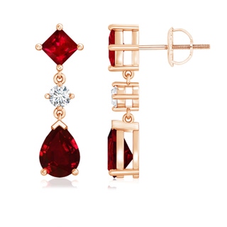 8x6mm AAAA Square and Pear Ruby Drop Earrings with Diamond in 9K Rose Gold