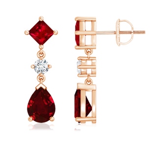 8x6mm AAAA Square and Pear Ruby Drop Earrings with Diamond in Rose Gold