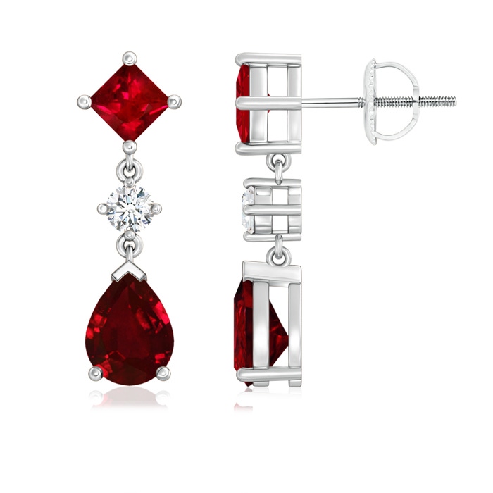 8x6mm AAAA Square and Pear Ruby Drop Earrings with Diamond in White Gold