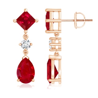 9x6mm AAA Square and Pear Ruby Drop Earrings with Diamond in Rose Gold