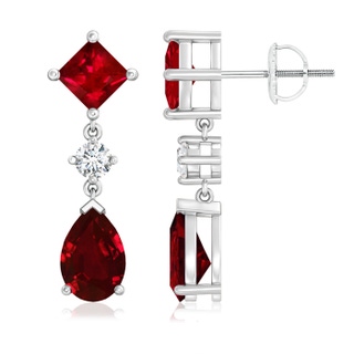 9x6mm AAAA Square and Pear Ruby Drop Earrings with Diamond in P950 Platinum