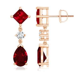 9x6mm AAAA Square and Pear Ruby Drop Earrings with Diamond in Rose Gold