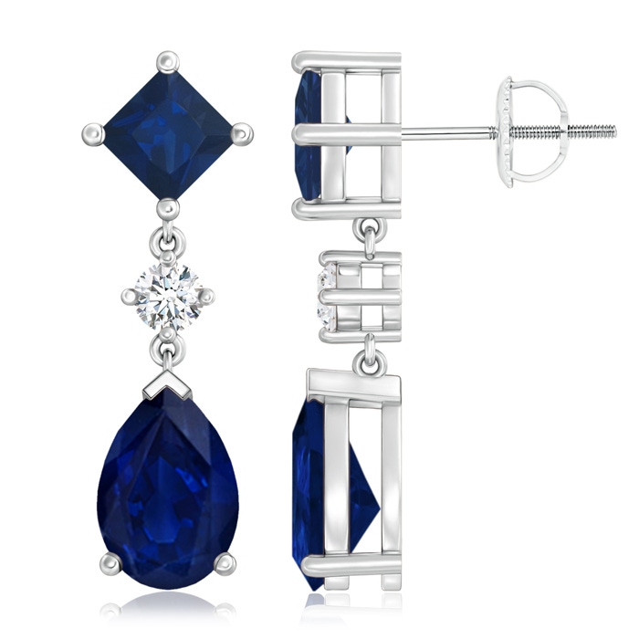 10x7mm AA Square and Pear Blue Sapphire Drop Earrings with Diamond in P950 Platinum 