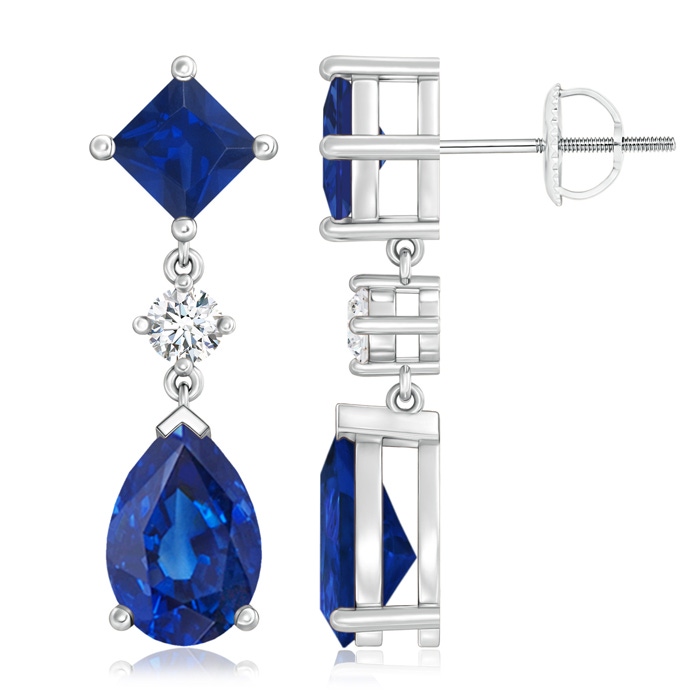 10x7mm AAA Square and Pear Blue Sapphire Drop Earrings with Diamond in P950 Platinum 