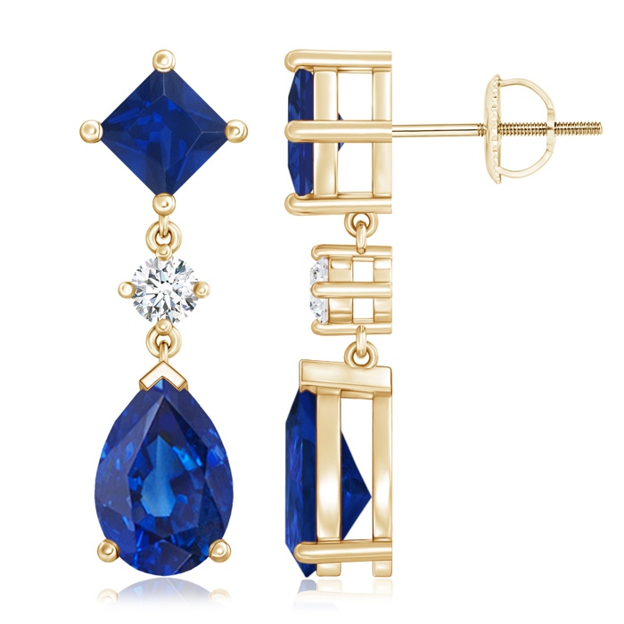 10x7mm AAA Square and Pear Blue Sapphire Drop Earrings with Diamond in Yellow Gold 
