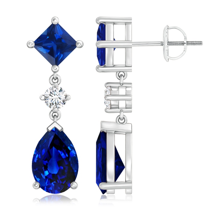 10x7mm AAAA Square and Pear Blue Sapphire Drop Earrings with Diamond in P950 Platinum