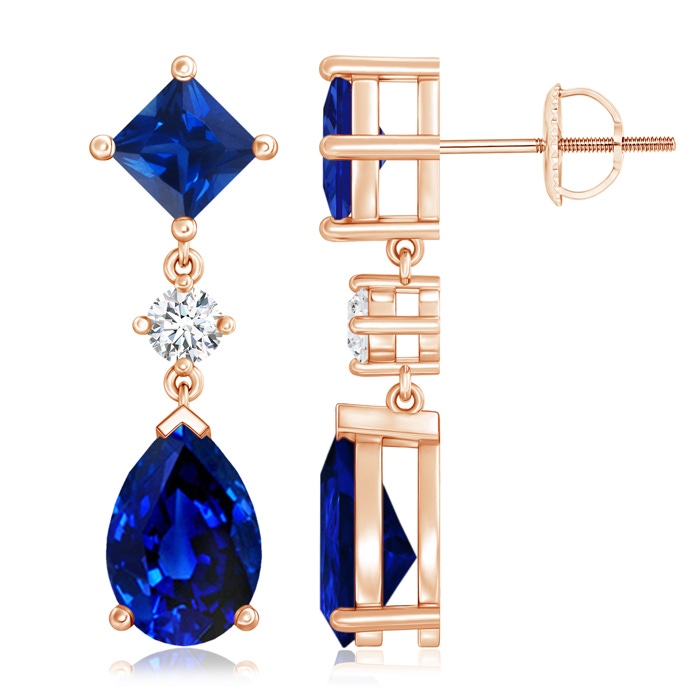 10x7mm AAAA Square and Pear Blue Sapphire Drop Earrings with Diamond in Rose Gold