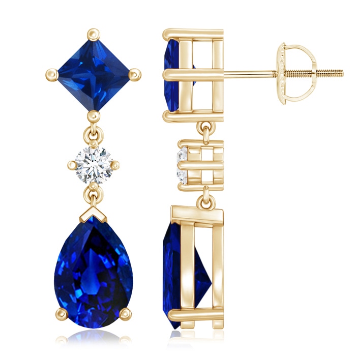 10x7mm AAAA Square and Pear Blue Sapphire Drop Earrings with Diamond in Yellow Gold