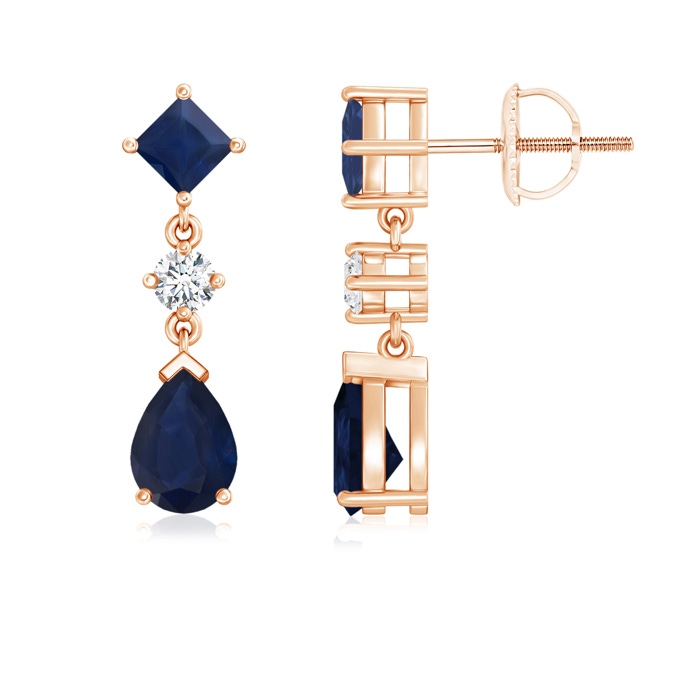 7x5mm A Square and Pear Blue Sapphire Drop Earrings with Diamond in Rose Gold 