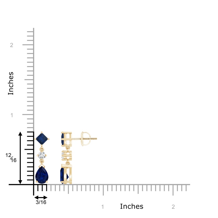 7x5mm AA Square and Pear Blue Sapphire Drop Earrings with Diamond in Yellow Gold product image
