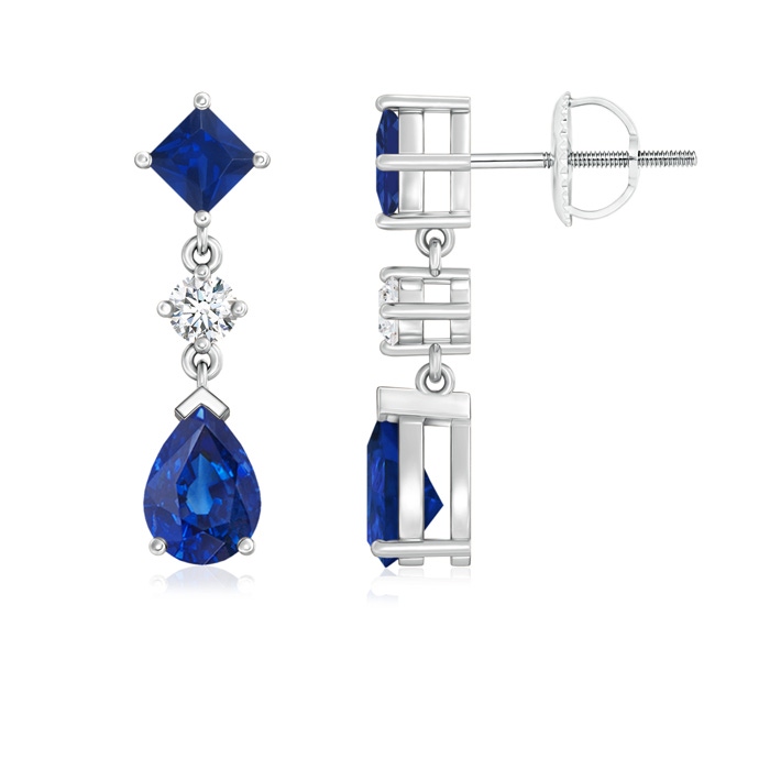 7x5mm AAA Square and Pear Blue Sapphire Drop Earrings with Diamond in P950 Platinum 