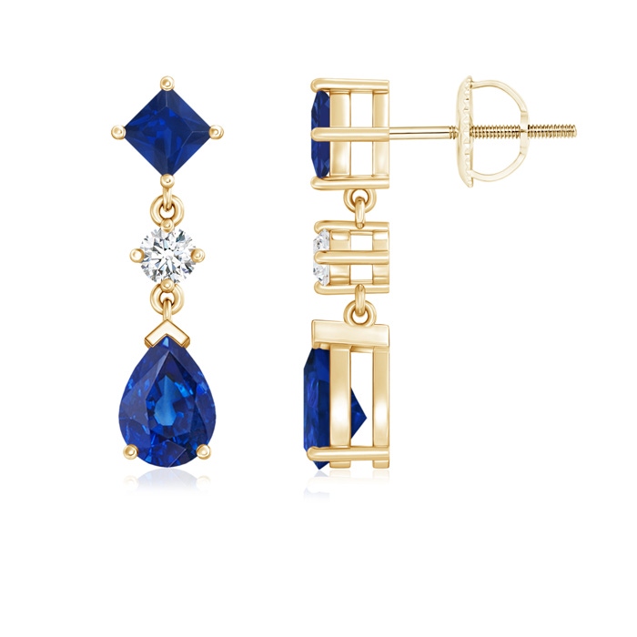 7x5mm AAA Square and Pear Blue Sapphire Drop Earrings with Diamond in Yellow Gold 