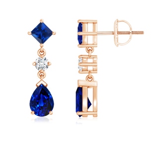 7x5mm AAAA Square and Pear Blue Sapphire Drop Earrings with Diamond in 9K Rose Gold