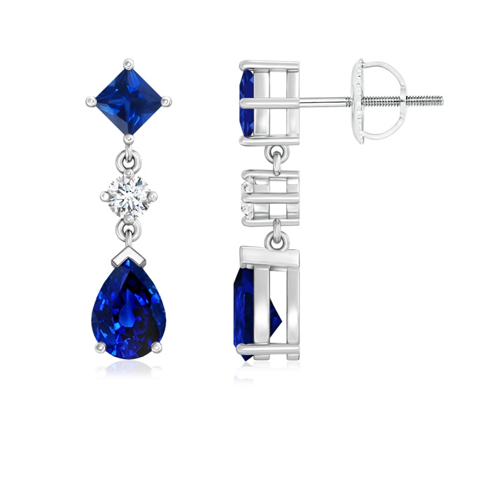 7x5mm AAAA Square and Pear Blue Sapphire Drop Earrings with Diamond in White Gold 