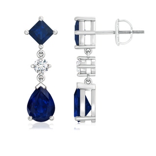 8x6mm AA Square and Pear Blue Sapphire Drop Earrings with Diamond in P950 Platinum