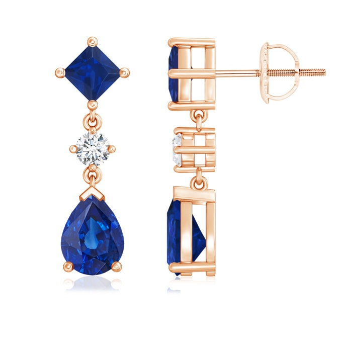 8x6mm AAA Square and Pear Blue Sapphire Drop Earrings with Diamond in Rose Gold 