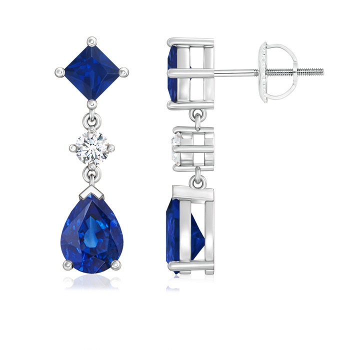 8x6mm AAA Square and Pear Blue Sapphire Drop Earrings with Diamond in White Gold 