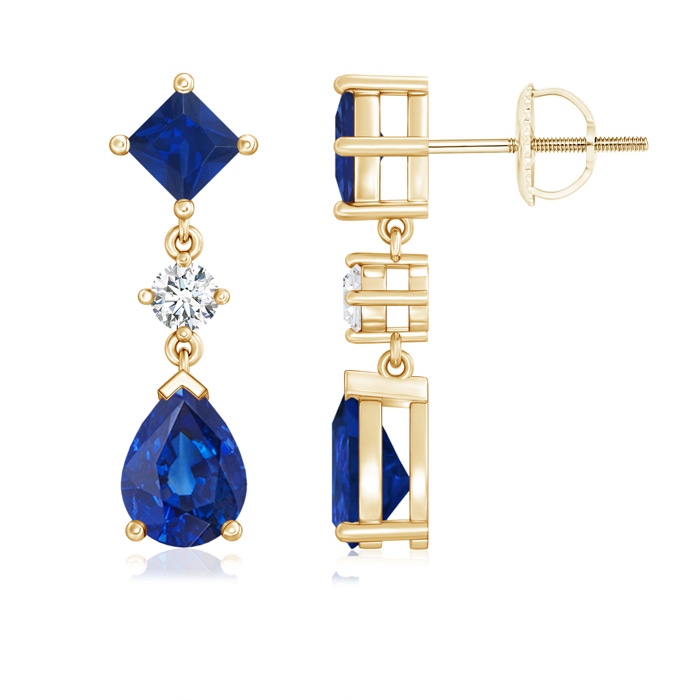 8x6mm AAA Square and Pear Blue Sapphire Drop Earrings with Diamond in Yellow Gold 